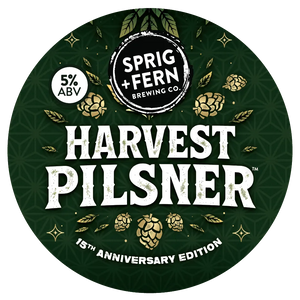 Round label for Harvest Pilsner Fresh Hop beer from Sprig + Fern Brewing Co.