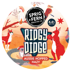 Round label for Sprig + Fern Brewing Co. Ridgy Didge featuring Australian animals and text.