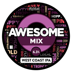 Circular label for Sprig + Fern Awesome Mix West Coast IPA with colorful text on a black background