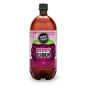 Bottle of Sprig + Fern Berry Cider on a white background