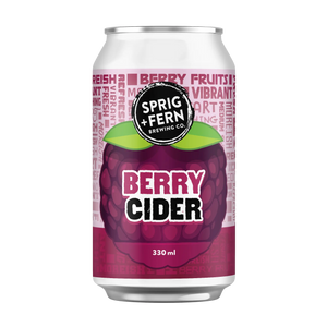 330ml can of Sprig + Fern Brewing Co. Berry Cider on a white background