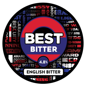 Round label for Sprig + Fern Best Bitter English Bitter with text and color design.