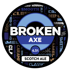 Round tap label for Sprig + Fern Broken Axe Scotch Ale.