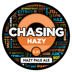 Round label for Sprig + Fern Chasing Hazy hazy pale ale with text and color design.