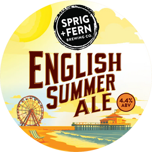 Label of Sprig + Fern Brewing Co. English Summer Ale with beach scene illustration.