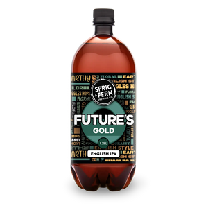 Bottle of Sprig + Fern Brewing Co. Future's Gold English IPA on a white background