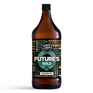 888ml bottle of Sprig + Fern Brewing Co. 'Futures' Gold English IPA with a colorful label on a white background
