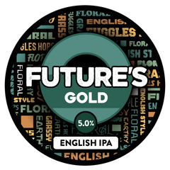 Round label for Sprig + Fern Future's Gold English IPA with text and color swatches on a black background