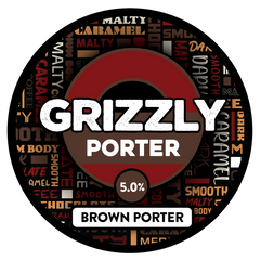 Sprig + Fern Grizzly Porter label with text and color swatches on a black background