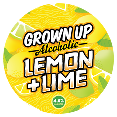 Round label for Sprig + Fern 'Grown Up Alcoholic Lemon + Lime' text.