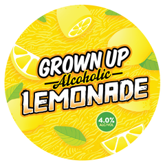 Round label for Sprig + Fern Grown Up Alcoholic Lemonade with lemon graphics and alcohol content.