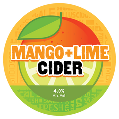 Sprig + Fern Mango + Lime cider label with fruit illustration and text on a white background