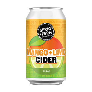 330ml can of Sprig + Fern Brewing Co. Mango + Lime Cider on a white background