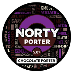 Sprig + Fern Norty Porter chocolate porter label with text design on a black background