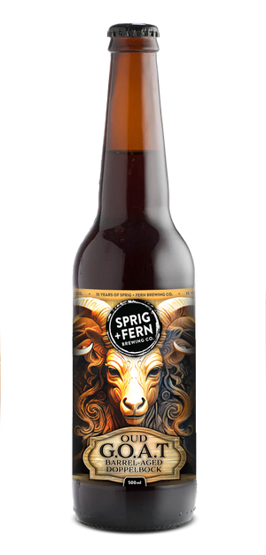 330ml bottle of Sprig + Fern Brewing Co. The Oud G.O.A.T Doppelbock on a white background