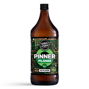 888ml bottle of Sprig + Fern Brewing Co. Pinner Pilsner with a colorful label on a white background