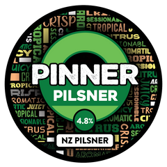 Sprig + Fern Pinner Pilsner label with text and color swatches on a black background