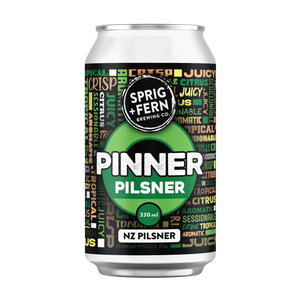 330ml can of Sprig + Fern Brewing Co. Pinner Pilsner on a white background
