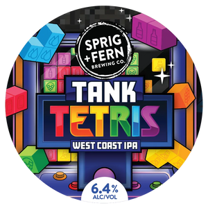 Tank Tetris West Coast IPA label with colorful Tetris pieces and Sprig + Fern Brewing Co. branding.