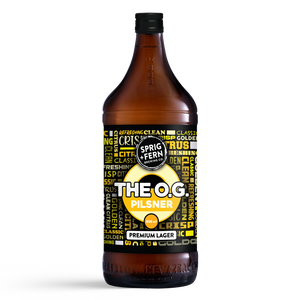 888ml bottle of Sprig + Fern Brewing Co. 'The O.G. Pilsner' with a yellow label on a white background