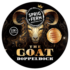 Label for Sprig + Fern Brewing Co. 'The G.O.A.T. Doppelbock' with ram's head design and branding details.