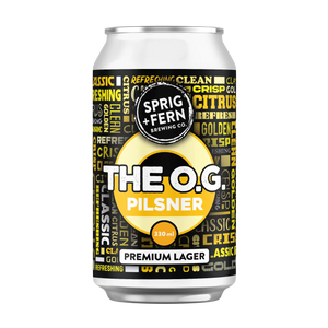 330ml can of Sprig + Fern Brewing Co. The O.G. Pilsner on a white background