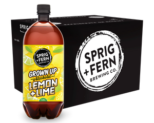 Sprig + Fern Brewing Co. Grown Up Lemon + Lime alcoholic beverage bottle with packaging.
