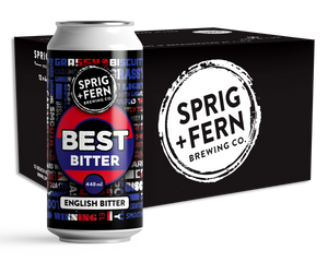 Sprig + Fern Brewing Co. Best Bitter can and 12 pack box on a white background