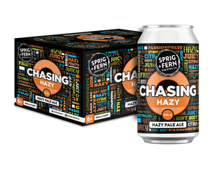 330ml can of Sprig + Fern Brewing Co. Chasing Hazy beer with 6 pack on a white background