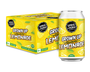 330ml can of Sprig + Fern Brewing Co. Grown Up Alcoholic Lemonade with 6 pack on a white background