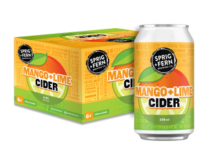 330ml can of Sprig + Fern Brewing Co. Mango + Lime Cider with 6 pack on a white background