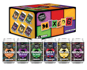 Mixed 6 Pack from Sprig + Fern Brewing Co. with 330ml cans on a white background
