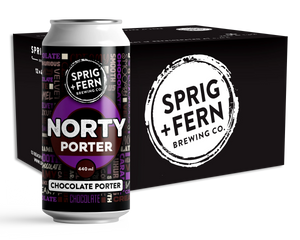 Sprig + Fern Brewing Co. Norty Porter can and 12 pack box on a white background