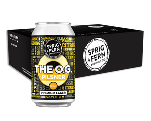Sprig + Fern Brewing Co. The O.G. Pilsner 330ml can with 24 pack on a white background