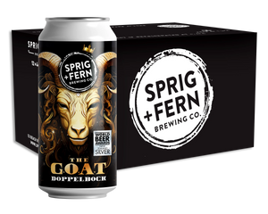 Sprig + Fern Brewing Co. The G.O.A.T Doppelbock can and box with a goat illustration on a white background
