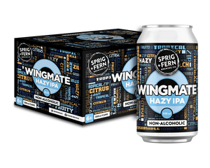 330ml can of Sprig + Fern Brewing Co. Wingmate Hazy IPA non-alcoholic beer with 6 pack on a white background
