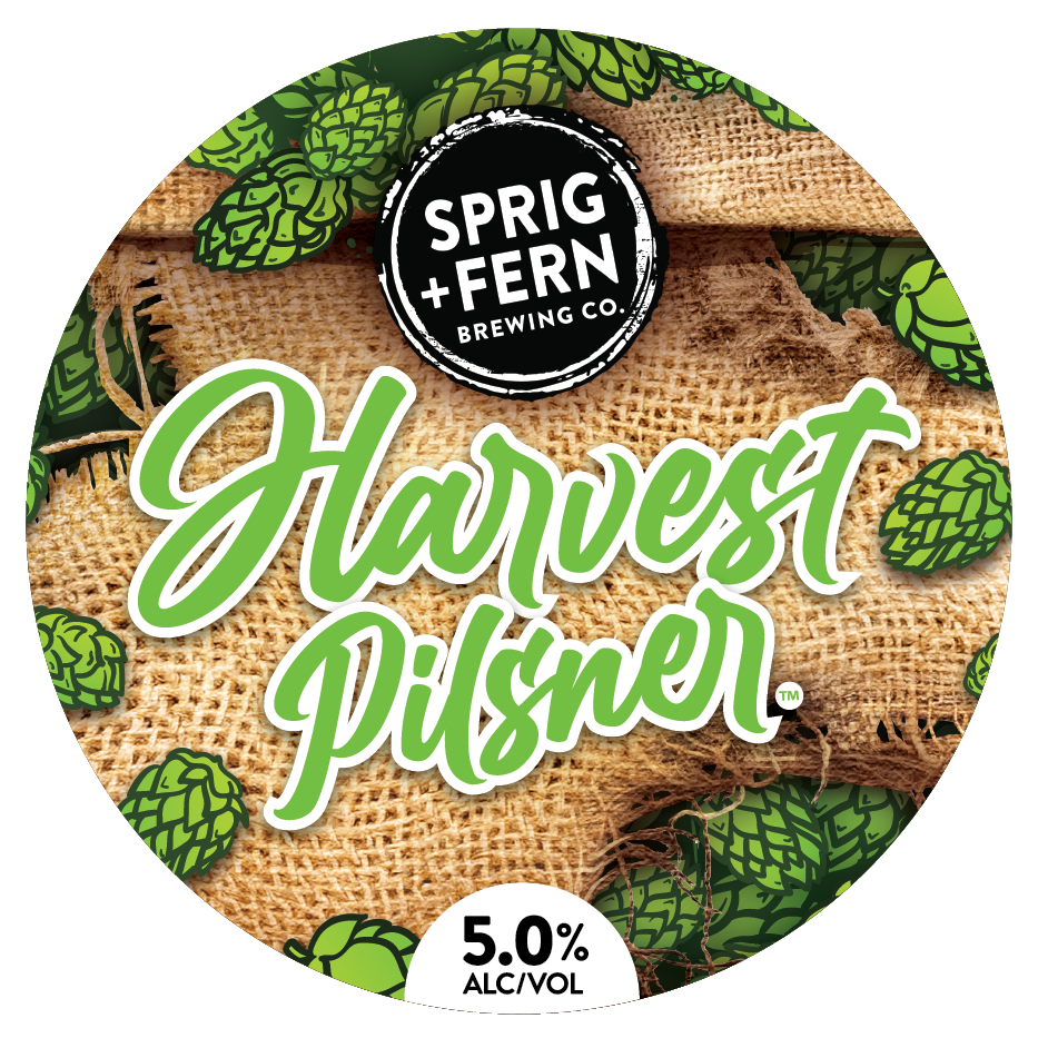 The tap badge for Sprig and Fern's fresh hop Harvest Pilsner craft beer