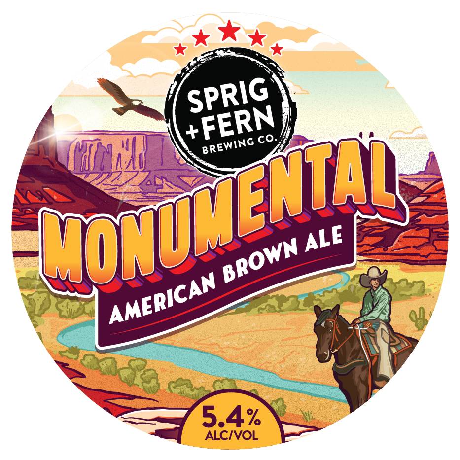 The tap badge for Sprig and Fern's Monumental American Brown Ale limited release craft beer
