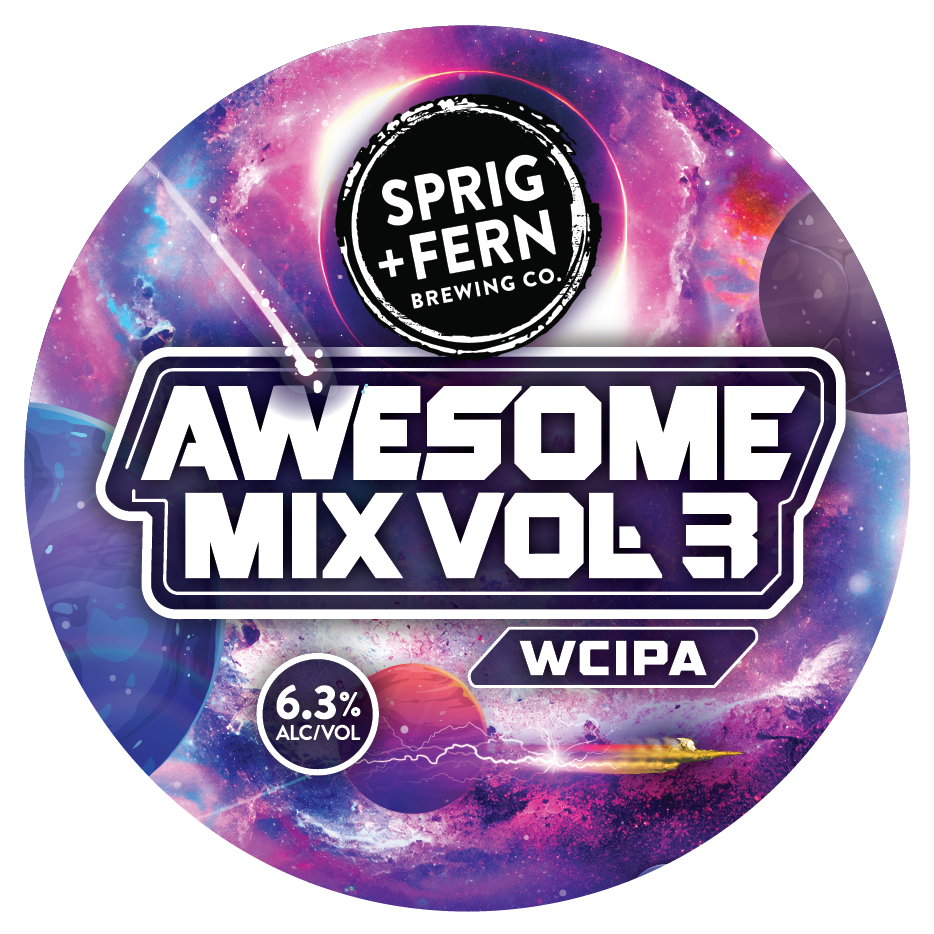 The tap badge for Sprig and Fern's Awesome Mix Volume 3 West Coast IPA limited release beer