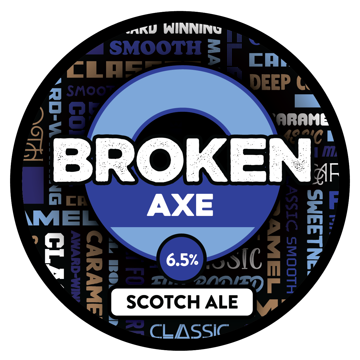 The tap badge for Sprig and Fern's Broken Axe Scotch Ale craft beer