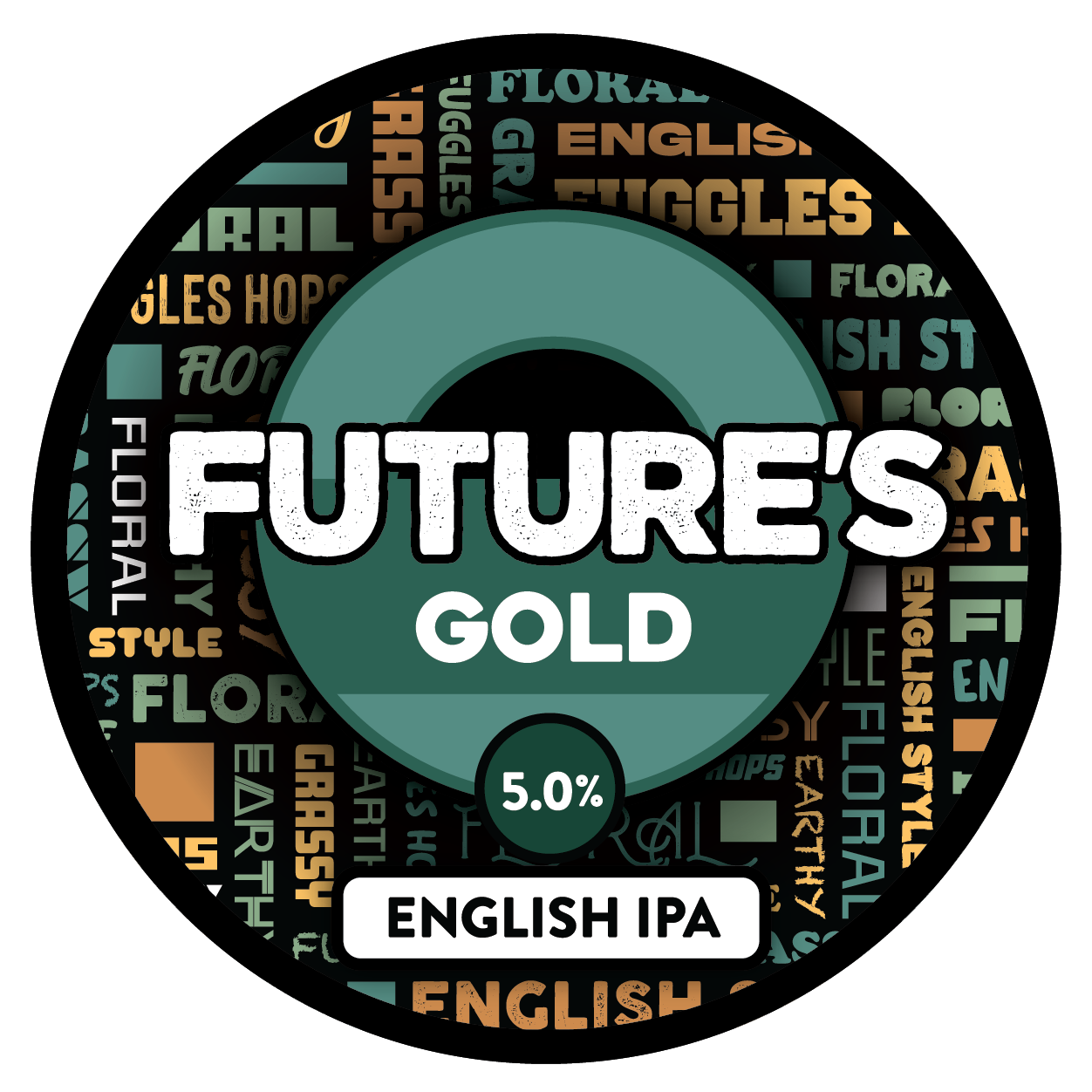 The tap badge for Sprig and Fern's Future's Gold English IPA craft beer
