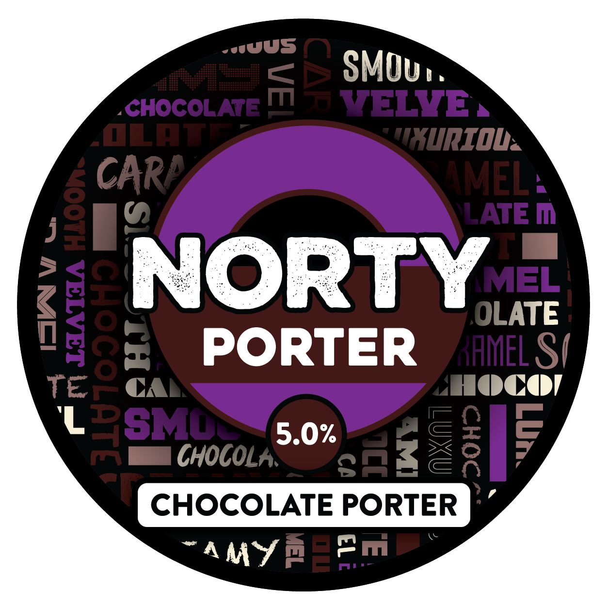 The tap badge for Sprig and Fern's Norty Porter chocolate craft beer
