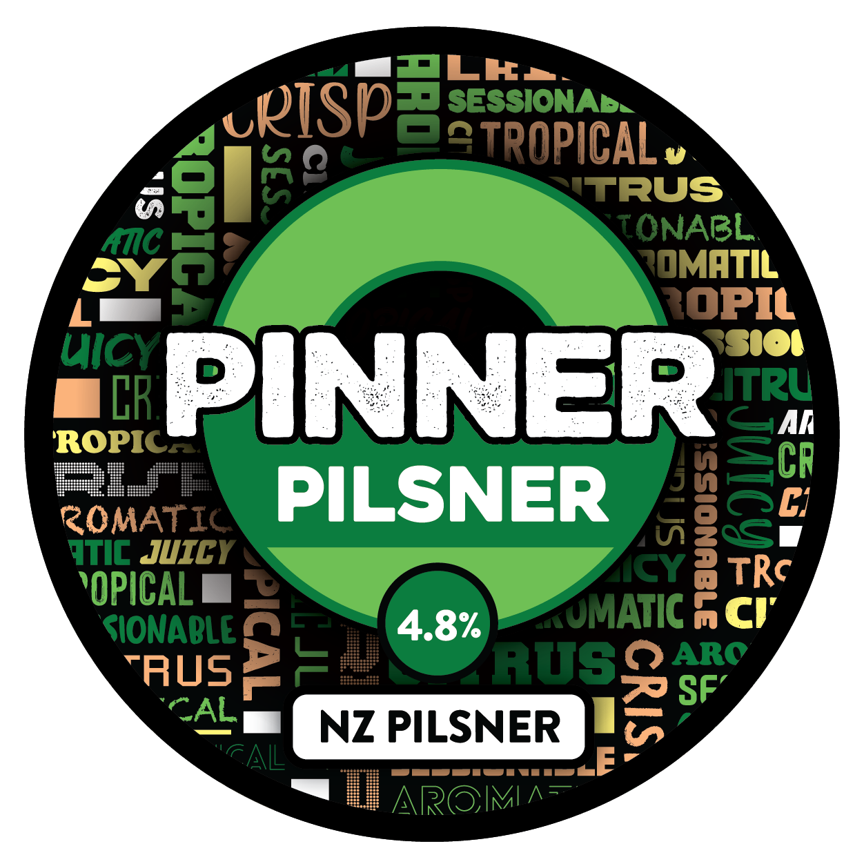 The tap badge for Sprig and Fern's Pinner NZ Pilsner craft beer