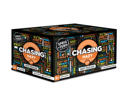 A six pack carton of Sprig and Fern's Chasing Hazy pale ale craft beer