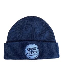 The Sprig + Fern logo on a knit beanie