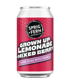 A 330ml can of Sprig and Fern Grown Up Lemonade + Mixed Berry