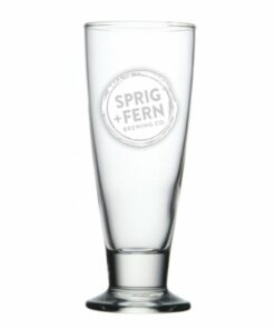 A Sprig and Fern branded beer glass