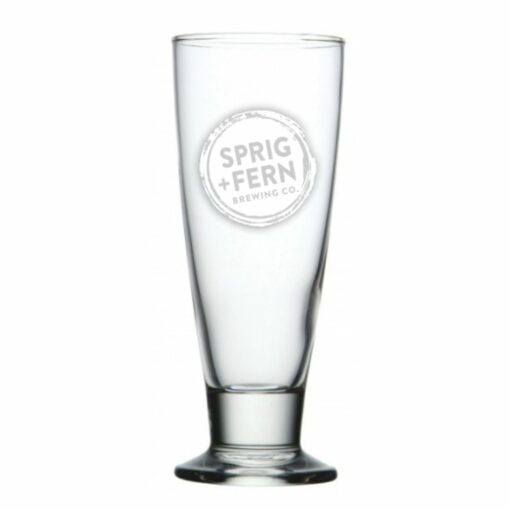 A Sprig and Fern branded beer glass