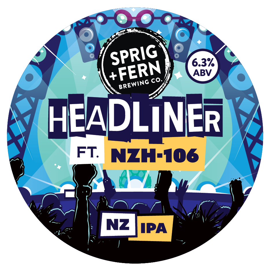 Sprig and Fern's limited release beer 'Headliner feat. NZH-106' NZIPA tap badge