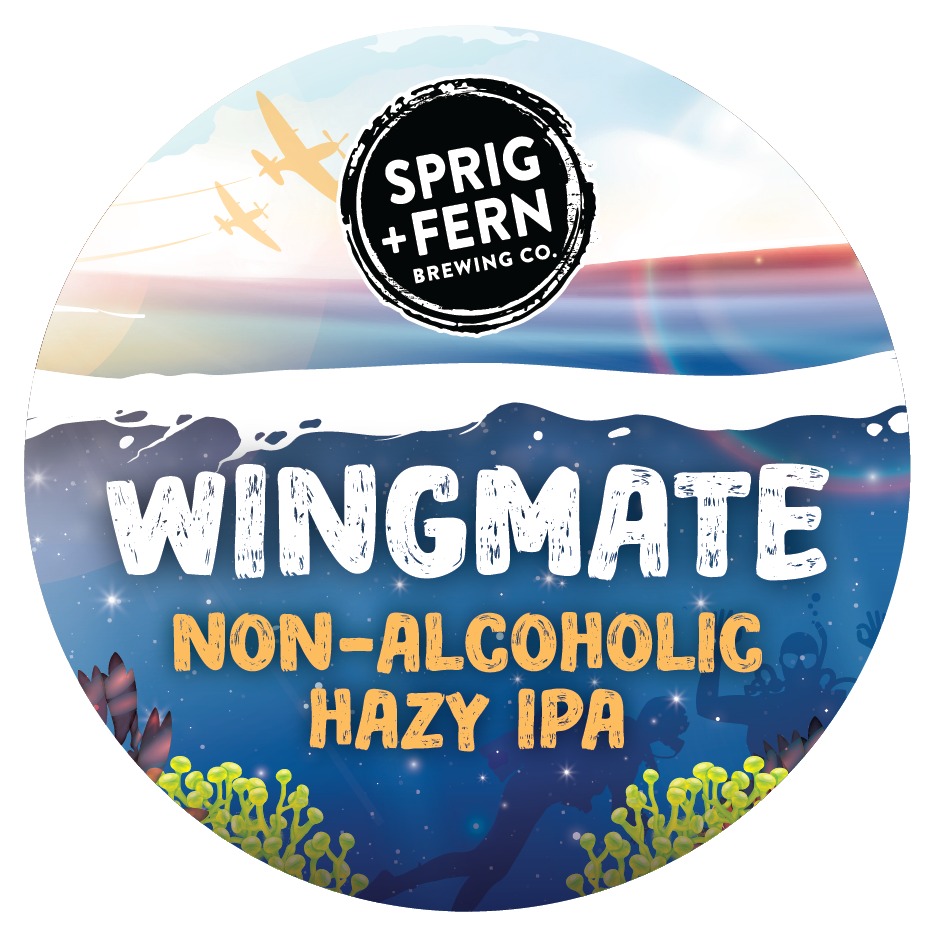 Sprig and Fern's wingmate non alcoholic hazy ipa label
